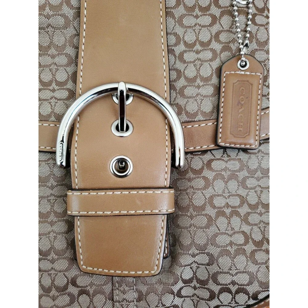 Coach Soho Signature C Buckle Flap Shoulder Bag Camel Tan Leather Trim 6349